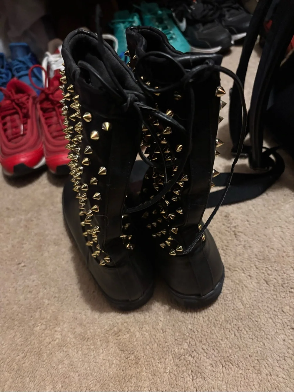 Black Mid-Calf Studded Leather Boots with Gold Spikes Cool rain ☔️ boots